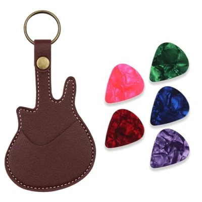 Image of Beatyarmy Leather Guitar Picks Holder with 5 Picks, Shape Plectrum Case Bag, Keyring, Accessories（Pick color random）