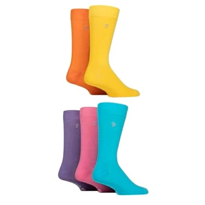 Image of Mens 5 Pair Farah Plain, Striped and Patterned Everyday Bamboo Socks Plain Yellow / Orange Blue 6 11