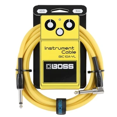 Image of BOSS BIC 10A Series, Instrument Cable, Straight to Right Angle ¼ Inch Connectors, 10ft./3m Length, Cables for Guitar, Bass &amp; More, Quiet Operation Durable, Yellow
