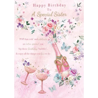 Image of Sister Birthday Card Special Champagne and Butterflies Floral Design Made in the UK Eco Friendly