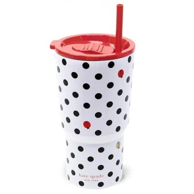 Image of kate spade new york 20 Ounce Insulated Tumbler for Cold and Hot Drinks with Reusable Straw, Stainless Steel Travel Cup Slide Top Lid, Ladybug Dot