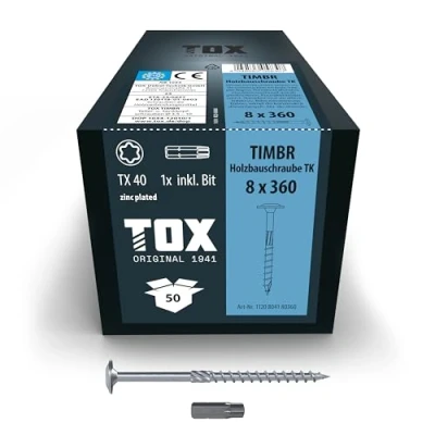 Image of TOX Timbr TK 1120804180360 Wood Screws 8.0 x 360 mm, Blue Galvanised with Flat Head, TX40, for Easy Screwing and High Load Capacity in Construction, Pack of 50 Box Including 1x Bit