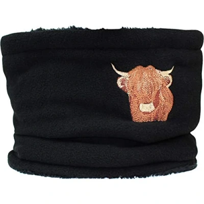Image of TeddyTs Embroidered Highland Cow Black Fleece Snood Scarf