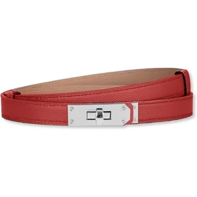 Image of baizhong Women Skinny Leather Belt Classic Solid Color Alloy Turn Lock Ladies Adjustable Slim Thin Waist （Red/Silver）