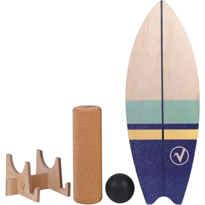 Image of valuents Balance Board, Wooden Surfboard Shape, Multi layered Maple, Non slip Mat and Cork Roll, MOBILE TRAINING, FULL BODY WORKOUT, Extra Long Mat, Holder, Adult
