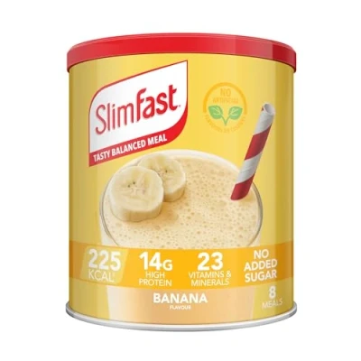 Image of SlimFast Meal Replacement Shake for Weight Loss &amp; Balanced Diet, Vitamins and Minerals, Low Calorie, High Protein, Banana Flavour, 8 servings, 292 g, Packaging May Vary