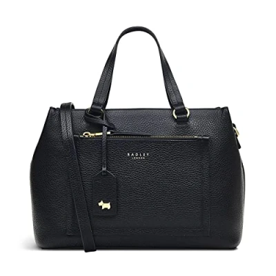 Image of RADLEY London Sunny Dene Ziptop Grab Handbag for Women, Made from Black Soft Grained Leather with Painted Cut Edges, Twin Handles, Detachable Cross Body Strap &amp; Interior Pockets
