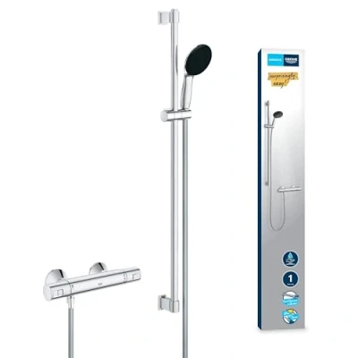 Image of GROHE Precision Start Exposed Thermostat Shower Set (Round 11 cm Hand 1 Spray: Rain, Hose 1.75 m, Rail 90 cm, Safety Functions, Water Saving), Chrome, 34854001