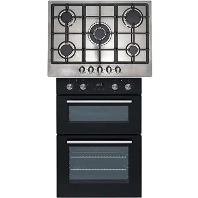 Image of SIA 60cm Black Double Built In Oven And Stainless Steel 70cm 5 Burner Gas Hob