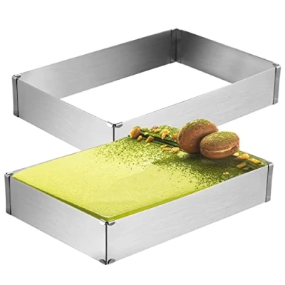 Image of Tebery 2 Pcs Square Baking Cake Tin, Adjustable Tins Rectangular Mousse Mould, Stainless Steel Ring, for DIY Dessert Pizza, 18 to 33 cm