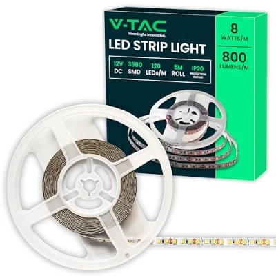 Image of V TAC SMD 3528 8W 5 Meters Self Adhesive LED Strip for Home Kitchen Bedroom Indoor Bright Light 800 Lumens Power Supply 12V Cool White