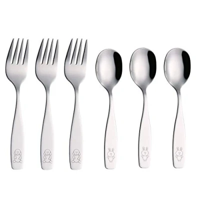 Image of Exzact Children Cutlery 6pcs Kids Stainless Steel Dishwasher Safe Dog &amp; Bunny Engraved Forks Spoons