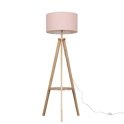 Image of Modern Light Wood Tripod Design Floor Lamp with Storage Shelf &amp; Pink Drum Shade