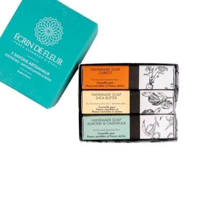 Image of Écrin de Fleur Organic Artisanal Soap 3 pack (Shea Butter 1x90g, Carrot Almond &amp; Calendula 1x90g)