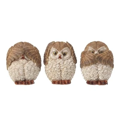 Image of B4E Owl Figurine Set of 3 Depicting &#039;See No Evil, Hear Speak Evil&#039; 11cm