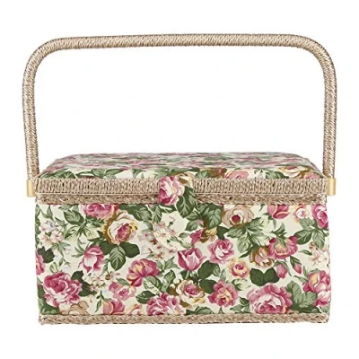 Image of Sewing Basket, Large Box Fabric Floral Printed Craft Rural Style Storage with Handle for Accessories, Kits and Embroidery Tools, 12.0 x 9.1 6.1inch