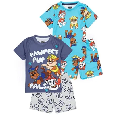 Image of Paw Patrol Boys Pyjama Set 2 Pack Multicoloured Short Sleeve T Shirt with Shorts PJs for Kids Marshall, Rubble &amp; Chase The Rescue Pups TV Series Merchandise Gift Children Toddlers