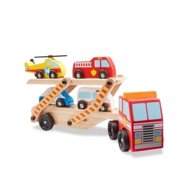 Image of Melissa &amp; Doug Wooden Emergency Vehicle Carrier, Magnetic Cars Truck Toy Toys for 3 Year Old Boy Gifts Car Set Toddler 3+ Boys Girls 4 5 7
