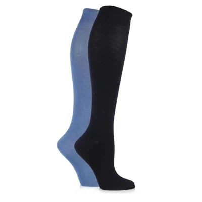 Image of 2 Pair Navy / Blue Plain Bamboo Knee High Socks with Smooth Toe Seams Ladies 4 8 SOCKSHOP