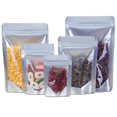 Image of 50Pcs Mylar Bags,Resealable Bags Stand Up,Aluminum Foil Ziplock with Clear Front, Food Zip Seal,Sweet Pouches,Smell Proof Bag Heat Seal Packaging Baggies for Storage (14x20cm 50pcs)