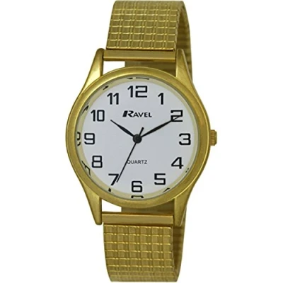 Image of Ravel Easy Read Watch on Expandable Men&#039;s Quartz with Gold Dial Analogue Display and Stainless Steel Plated Bracelet R0301071S