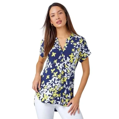 Image of Roman Originals Short Sleeve Shirt for Women UK Ladies Tunic Top Summer Blouse Casual Smat T Spring Work Cocktail Party Going Out Special Occassion Holiday V Neck Yellow &amp; Navy Size 10