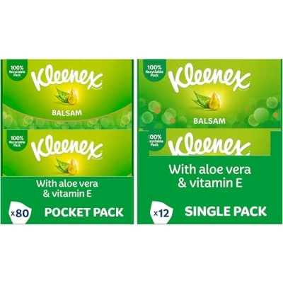 Image of Kleenex Balsam Facial Tissues Pocket Pack and Box 80 Packs &amp; 12 Standard Tissue Boxes