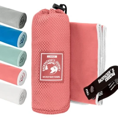 Image of Backpacker&#039;s Journey Microfibre Travel Towel Sets Quick Dry, Lightweight, Ultra Absorbent &amp; Antibacterial Beach, Camping, Gym Swim Sizes S to XL with Mesh Bag