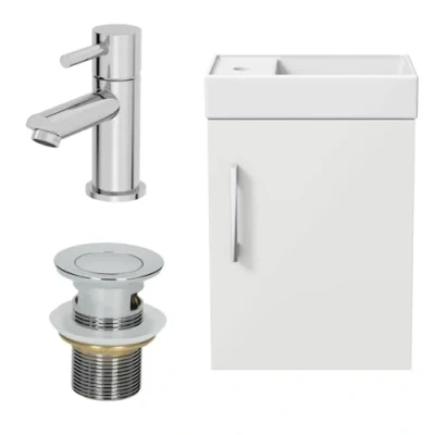 Image of AURORA Modern Cloakroom Bathroom Vanity Unit Basin Wall Hung 400mm Sink 1 Tap Hole Gloss White Round Mixer Free Waste