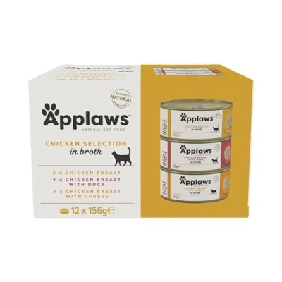 Image of Applaws 100% Natural Wet Cat Food, Multipack Chicken Selection in Broth 156 g Tin (Pack of 12)