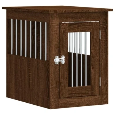 Image of vidaXL Engineered Wood Dog Crate Furniture in Brown Oak Versatile End Table Kennel with Lockable Door and Ventilation Design Ideal for Living Room 45x62x59 cm