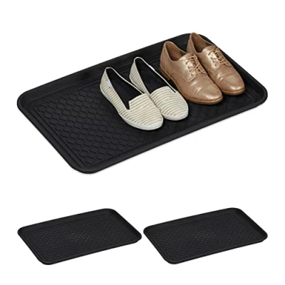 Image of Relaxdays XL Shoe Tray, Set of 3, Hallway Storage for Muddy or Wet Boots, Wellies &amp; Trainers, 60 x 40 cm, Plastic, Black