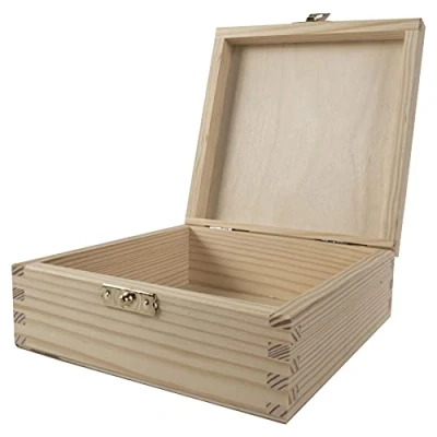 Image of Small Square Wooden Box with Hinged Lid &amp; Clasp 15 x 6 cm Trinket Memory Keepsake Storage Unpainted Untreated Plain Decorative Pine for Craft Decoupage
