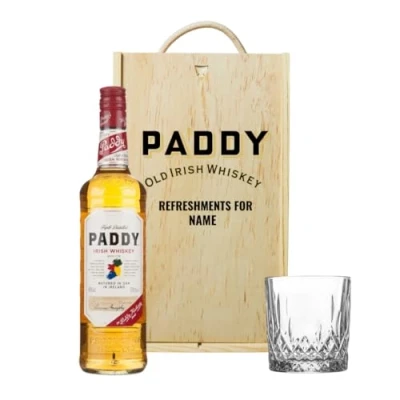 Image of Personalised Paddy Irish Whiskey Set with Glass in Wooden Box 70cl (40%) Gifts for Men, Mens Gifts, Christmas, Father&#039;s Day, Birthdays, Boyfriend, Hamper,