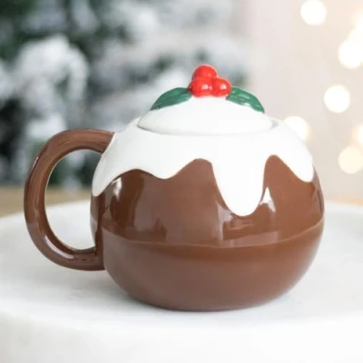 Image of Inevitable Christmas Pudding Shaped Ceramic Mug, 470ml Capacity, Holly Leaf Lid, Microwave and Dishwasher Safe