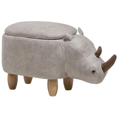 Image of Modern Faux Leather Stool Upholstery Storage Solid Wood Animal Light Grey Rhino