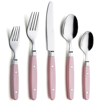 Image of Annova Cutlery Set 20 Pieces Stainless Steel Color Handle with Rivet/Retro Style Flatware (Light Pink)