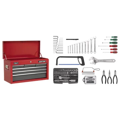 Image of Sealey American Pro Topchest 6 Drawer with Ball Bearing Slides Red/Grey &amp; 98pc Tool Kit