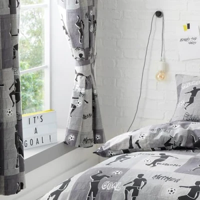 Image of Happy Linen Company Boys Girls Kids Freestyle Football Tricks Grey Charcoal 66&quot; x 54&quot; Fully Lined Pencil Pleat Curtain Set