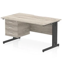 Image of Impulse 1400 x 800mm Scalloped Edge Office Desk Grey Oak Top Black Cable Managed Leg Workstation 1 3 Drawer Fixed Pedestal