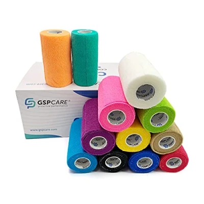 Image of GSPCARE Cohesive Bandage Wrap, 12 Rolls Non Woven Self Adhesive Wrap Strong Elastic Tape 10cm X 4.5m, Vet Kinselogy for Wrist Ankle Sprains Swelling(Multicoloured)