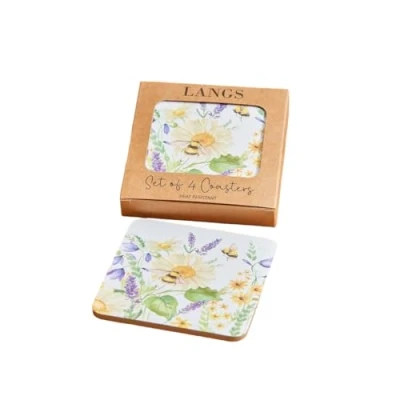 Image of Langs Drink Coasters Set of 4 Cork Square Daisy Bee Floral Design Heat Resistant Coffee Cup Mat