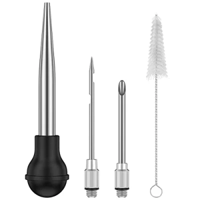 Image of SDYGDB Turkey Baster Set of 4 Stainless Steel Syringe Meat Marinade Injector Needle with 2 Needles Silicone Bulb and Cleaning Brush for Kitchen Cooking