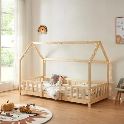 Image of [en.casa] Children&#039;s bed Sisimiut house 90 x 200 cm with fall out protection wooden for children floor slatted frame pine wood colours