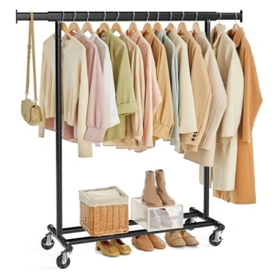 Image of SONGMICS Clothes Rack on Wheels, Heavy Duty Rail, with Extendable Hanging 90 kg Load Capacity, Easy Assembly, Portable, Black HSR13BKV1