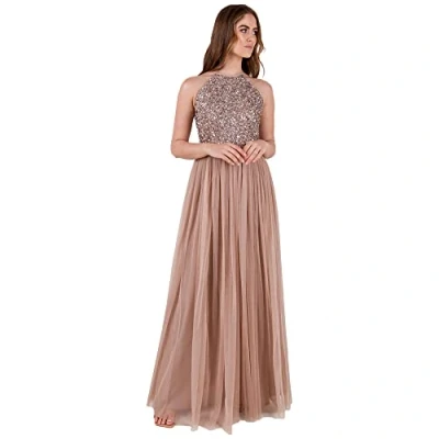 Image of Maya Deluxe Women&#039;s Ladies Bridesmaid Maxi Dress Halter Neck Sequin Embellished Prom Graduation Wedding, Taupe Blush, 8