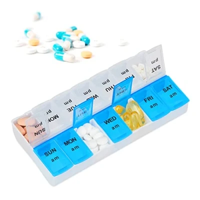 Image of Relaxdays Pill Organiser for 7 Days, 2 Compartments, Morning and Evening, Weekly Box Home &amp; Travels, White Blue
