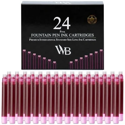 Image of Wordsworth &amp; Black 24 Pack Fountain Pen Ink Refills Set of Pink Cartridges International Standard Size Length APPR 1.5&quot; Base Diameter 0.24&quot; Disposable and Generic