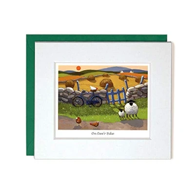 Image of &quot;On Ewer Bike&quot; Mounted Greeting Card by Thomas Joseph Whimsical Sheep Range