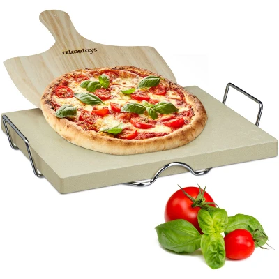 Image of Relaxdays Pizza Stone Set 3 cm Thick w/ Metal Holder and Wooden Peel, Size: 7 x 43 31.5 cm, Natural